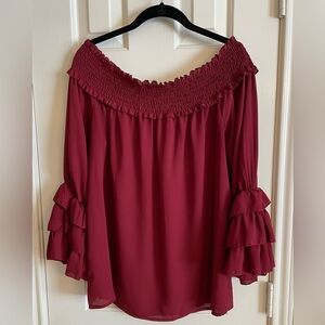 Vine & Love Burgundy Smocked Off the Shoulder Bell Sleeve Blouse